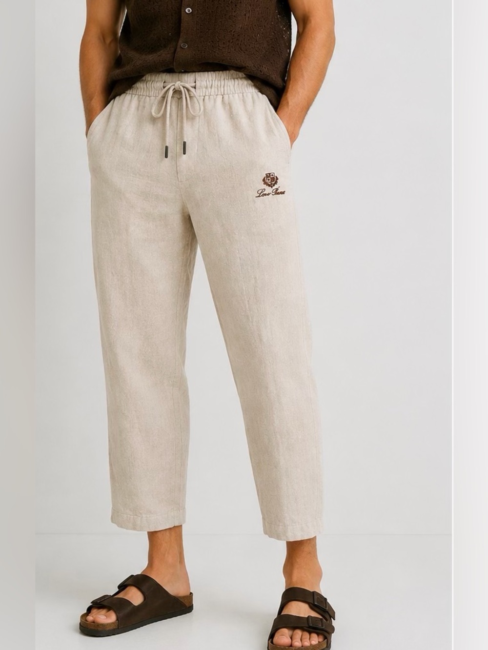 Loro Piana Linen Blend Beige Drawstring Pants Embroidered Crest